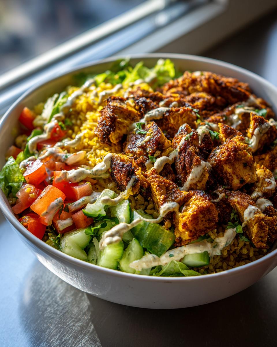 Close-up of a vibrant chicken shawarma crispy rice salad bowl topped with tahini sauce.