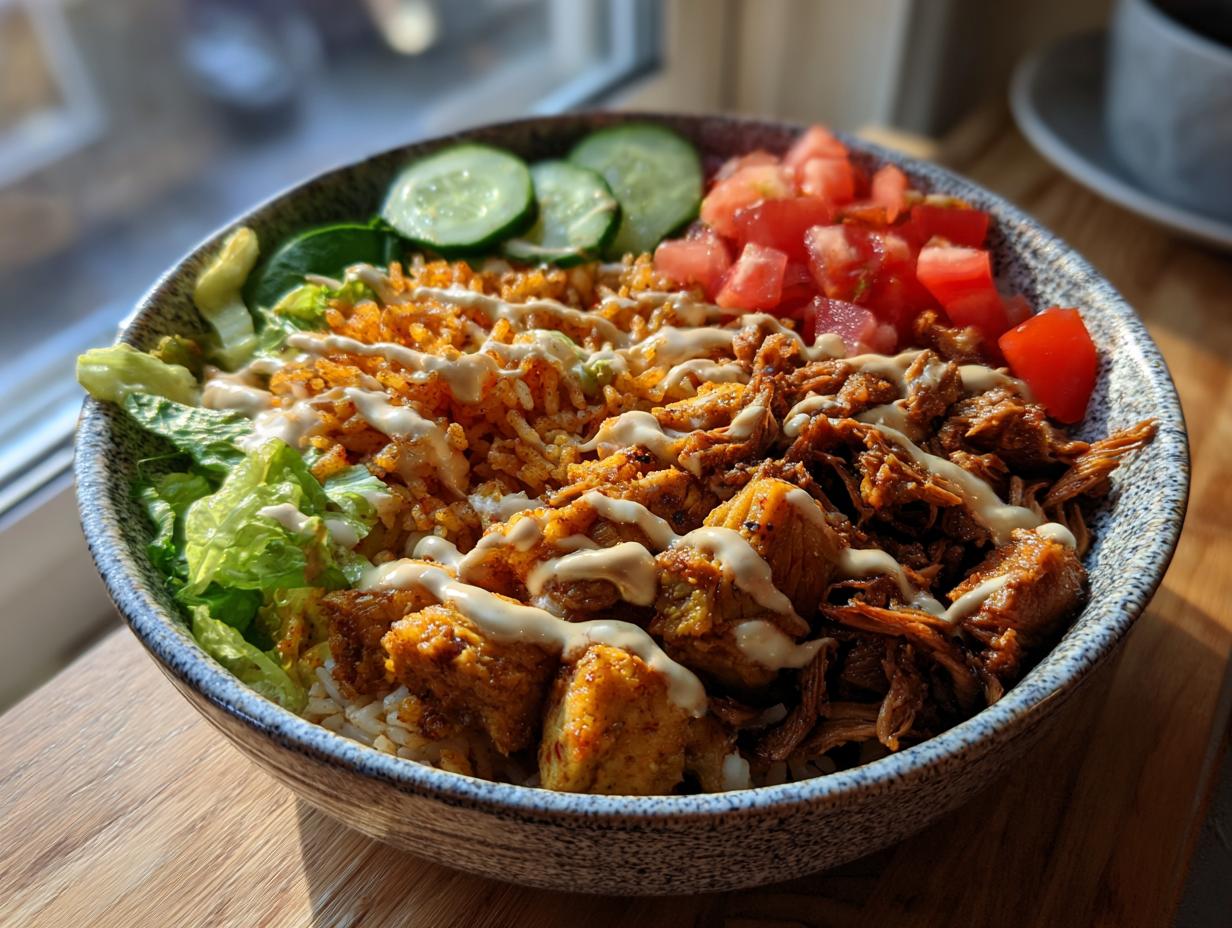 A vibrant chicken shawarma crispy rice salad bowl topped with tahini dressing, lettuce, tomatoes, and cucumbers.