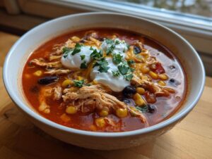 A close-up of a bowl of vibrant red chicken taco soup crock pot, topped with shredded chicken, corn, black beans, sour cream, and cilantro.