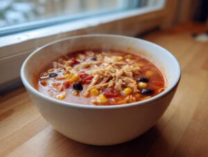 Close-up of a steaming white bowl filled with chicken tortilla soup instant pot, showing shredded chicken, corn, and black beans.