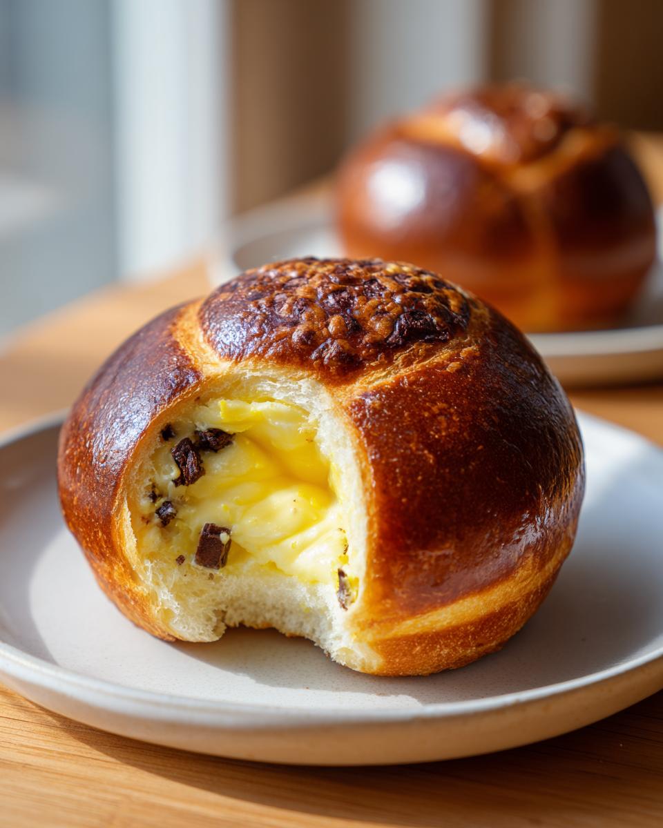 Close-up of a chocolate chip vanilla custard brioche with a bite taken out, revealing creamy yellow filling.