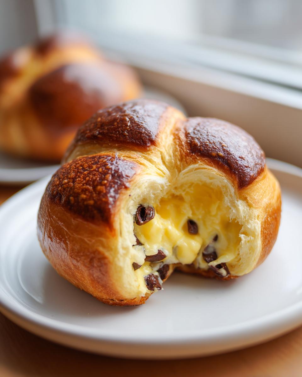 Close-up of a chocolate chip vanilla custard brioche torn open to show rich yellow custard and dark chocolate chips inside.