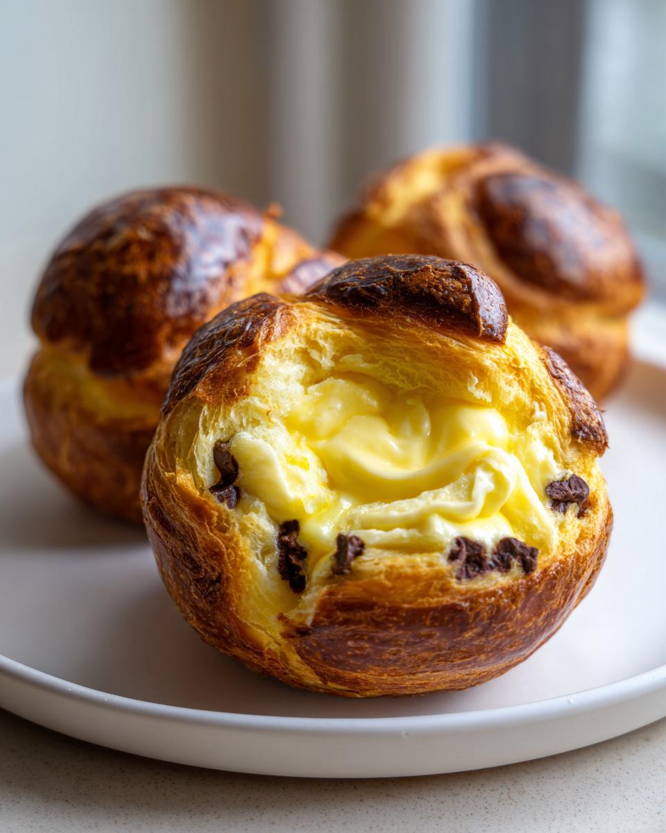 A close-up view of a chocolate chip vanilla custard brioche cut open to show the creamy filling.