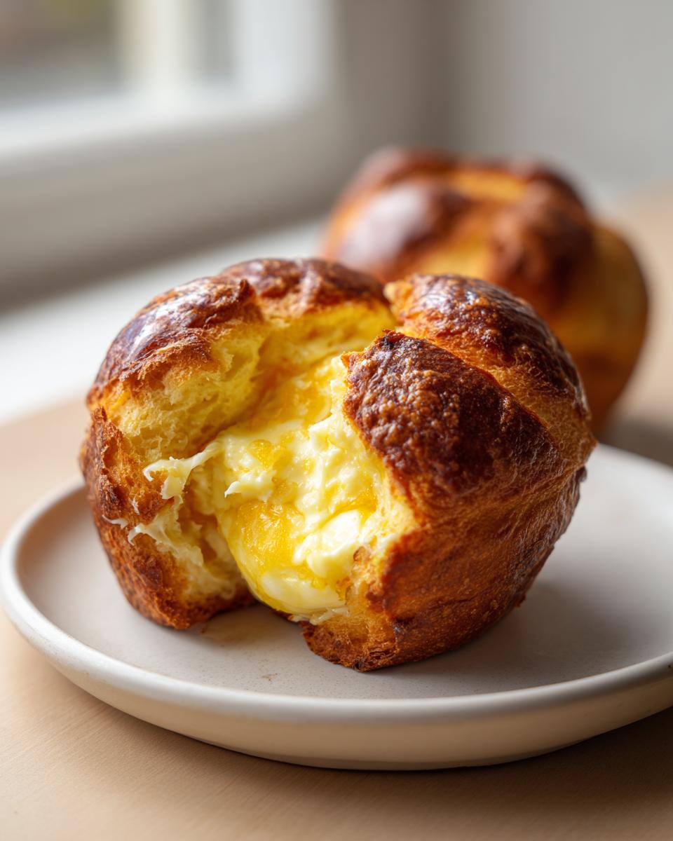 A golden brown chocolate chip vanilla custard brioche, torn open to show the creamy yellow vanilla custard filling inside.
