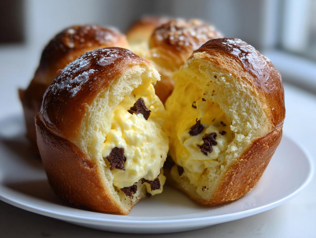 A chocolate chip vanilla custard brioche split open to reveal rich yellow custard and chocolate chunks inside.