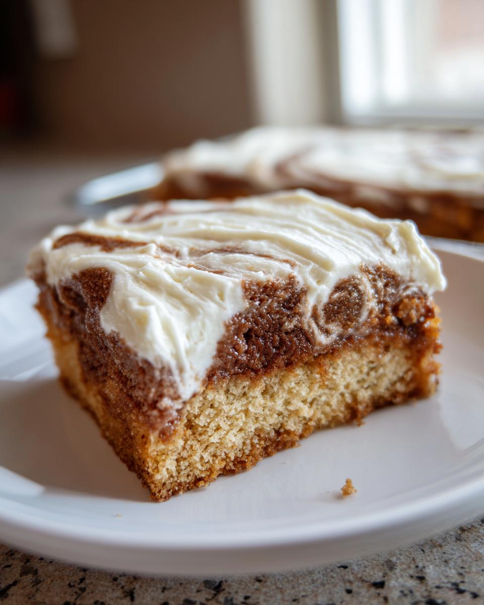 A close-up of a square slice of cinnamon roll cake with thick cream cheese frosting swirled on top.
