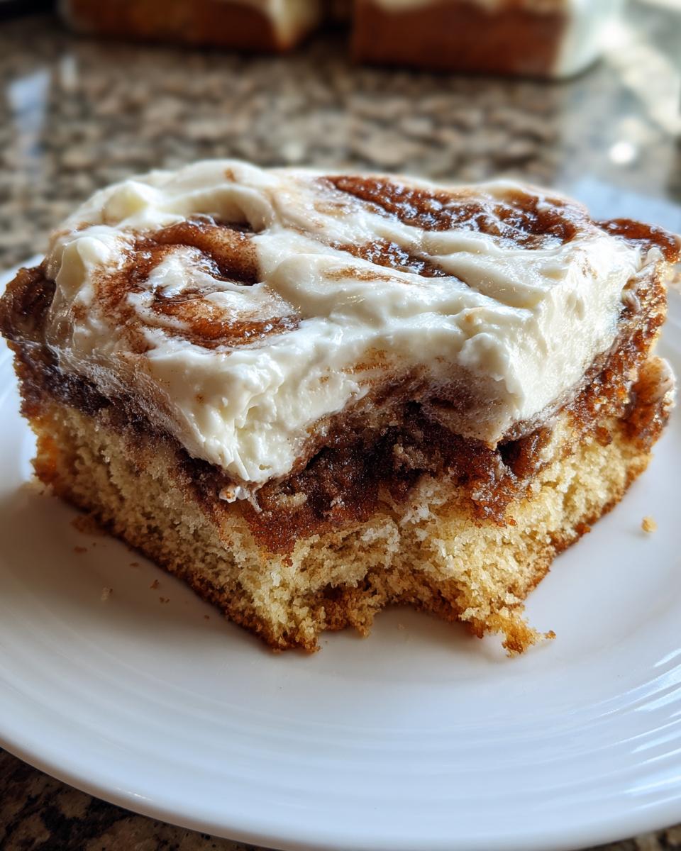 A close-up of a square slice of cinnamon roll cake topped with thick cream cheese frosting.