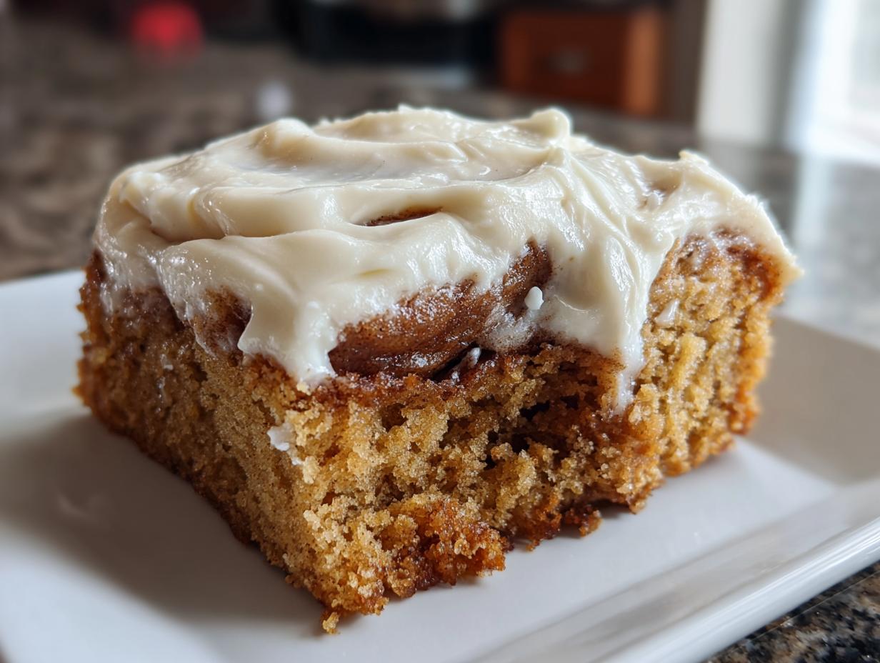 Close-up of a moist slice of cinnamon roll cake topped with thick cream cheese frosting.