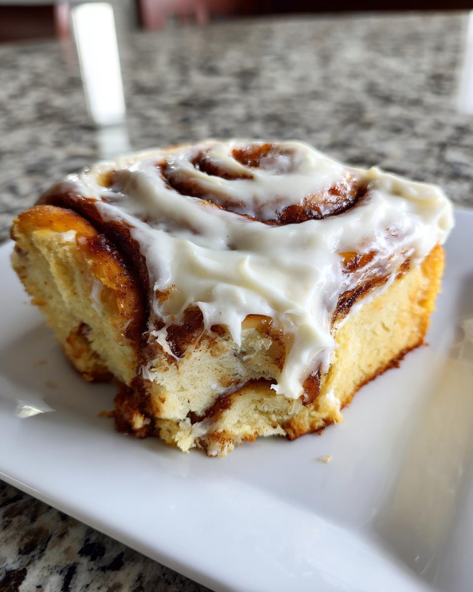 A close-up of a single serving slice of a fluffy cinnamon roll cake topped with thick white icing.