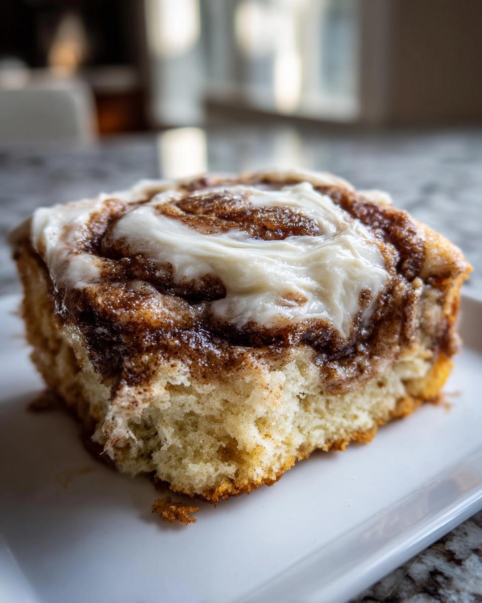 Close-up of a square slice of cinnamon roll cake topped with thick white cream cheese icing.