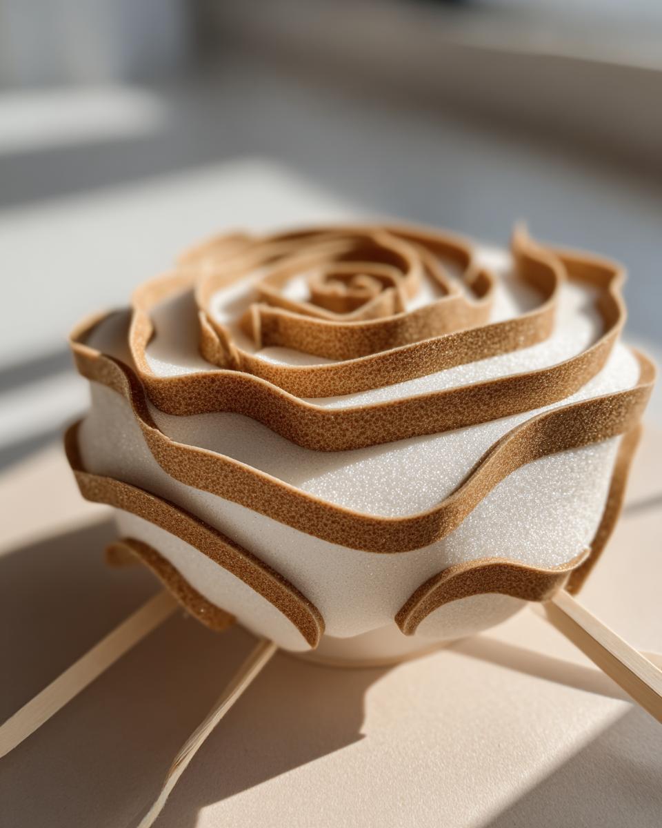Close-up of a decorative, rose-shaped cinnamon roll cake topper made of white and brown layers.