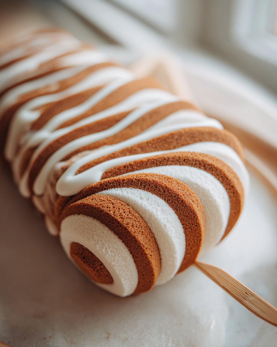 Close-up of a decorative cinnamon roll cake topper, featuring brown and white swirl layers, drizzled with white icing.