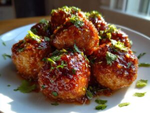 Close-up of glazed coconut chicken meatballs piled on a white plate and garnished with chopped fresh cilantro.