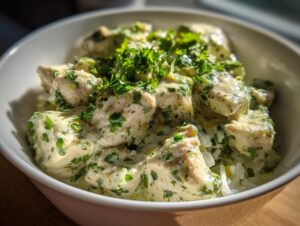 Close-up of creamy coconut chicken rice bowl topped with fresh parsley.