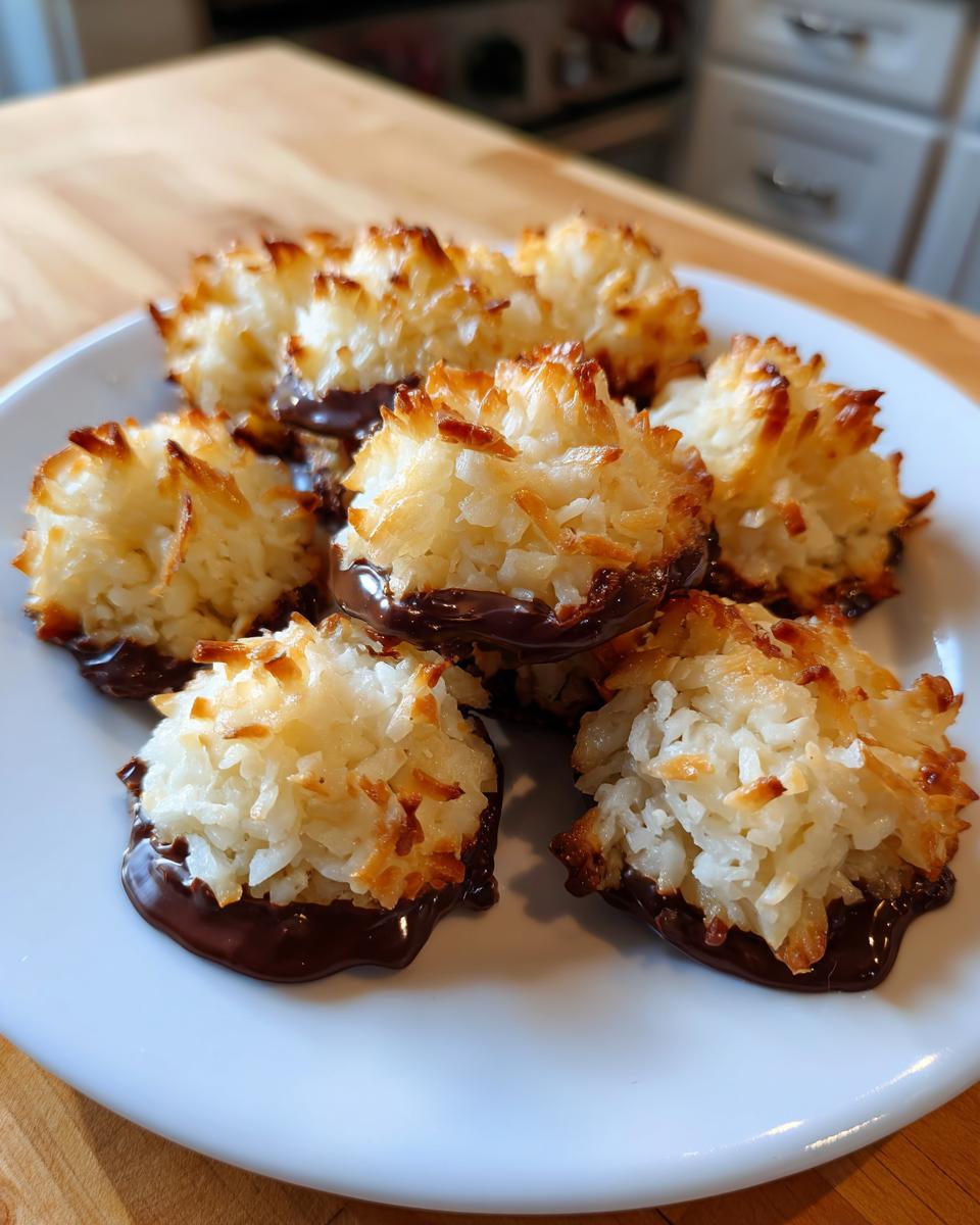A plate of golden brown coconut macaroon blossoms dipped in melted dark chocolate.