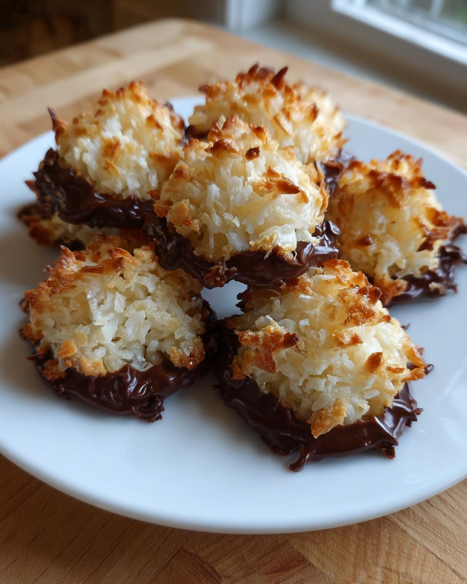 A plate of golden brown coconut macaroon blossoms dipped in melted dark chocolate.
