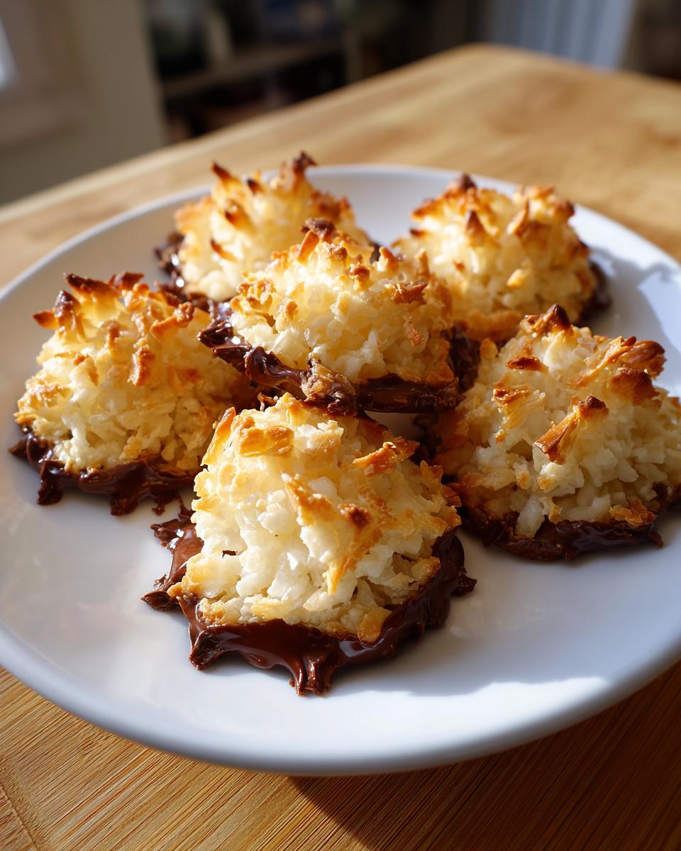 A plate of golden brown coconut macaroon blossoms dipped in melted chocolate.