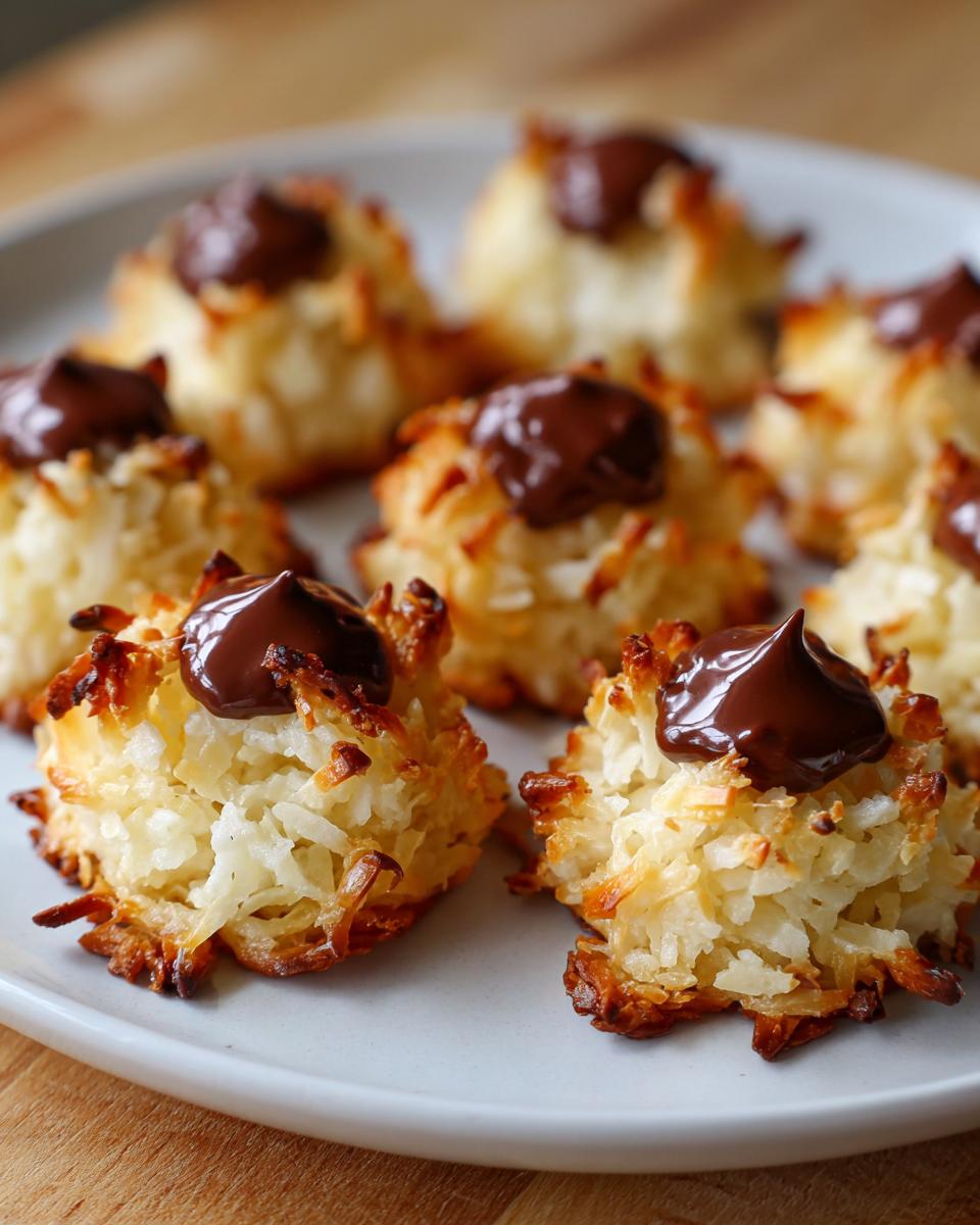 Close-up of golden brown coconut macaroon blossoms topped with a dollop of melted chocolate.