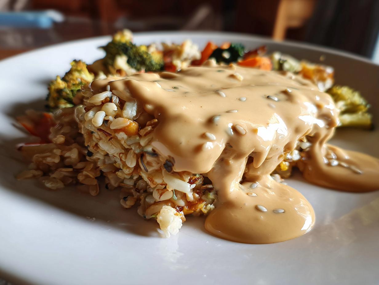 Close-up of a mound of grains topped generously with creamy, sesame-flecked buddha bowl dressing, next to roasted broccoli.