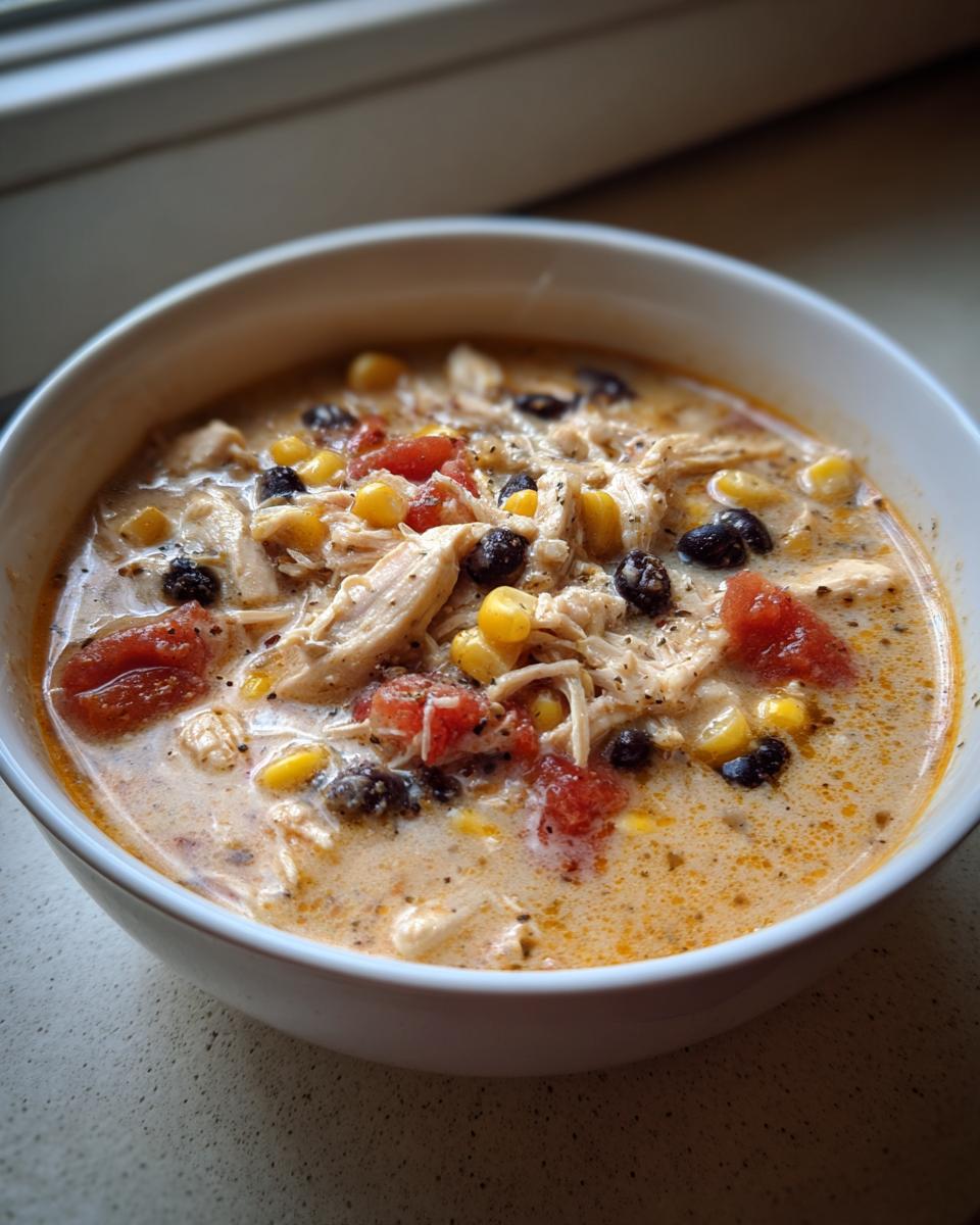 Close-up of a bowl of creamy chicken taco soup with shredded chicken, black beans, corn, and diced tomatoes.