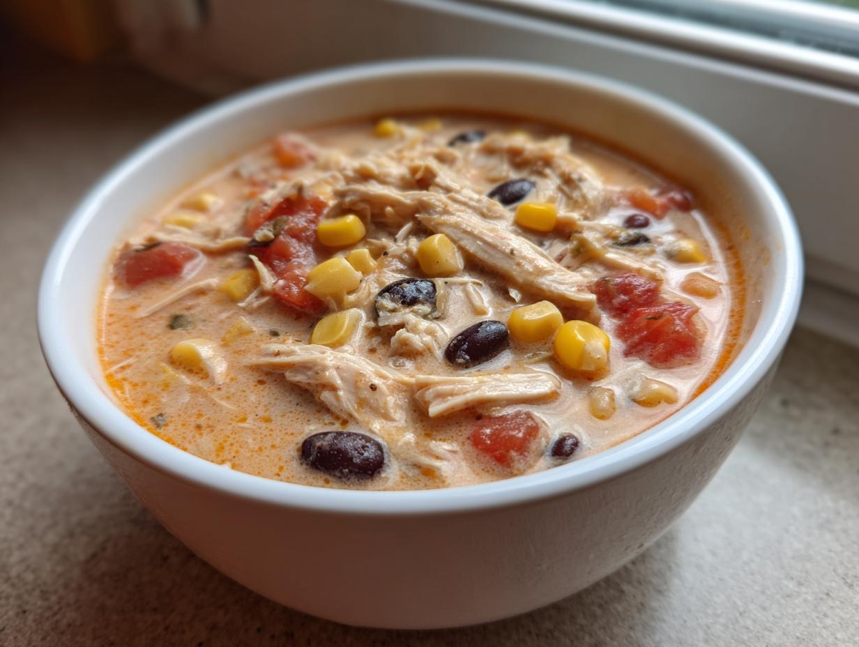 A close-up of a bowl of creamy chicken taco soup filled with shredded chicken, corn, black beans, and tomatoes.