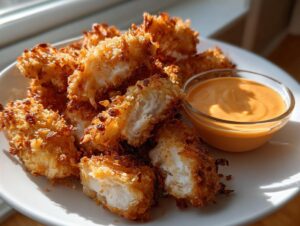 Close-up of crispy, golden-brown coconut chicken pieces served with a small bowl of orange dipping sauce.