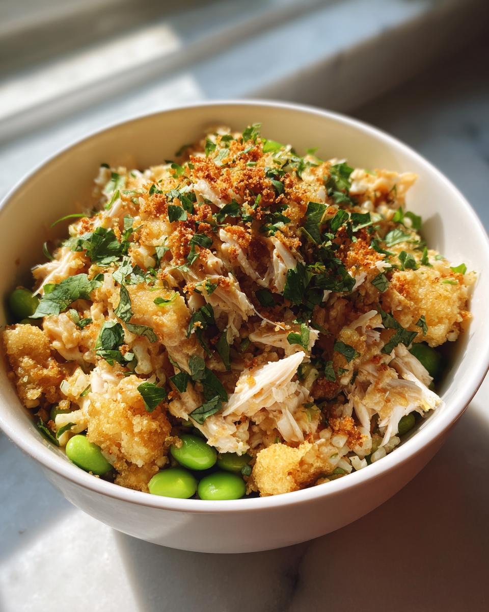 A close-up of a white bowl filled with crispy rice salad, shredded white meat, bright green edamame, and fresh herbs.