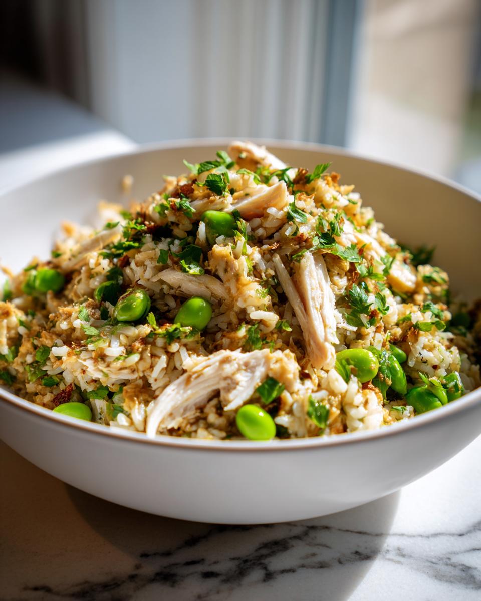 A white bowl filled with crispy rice salad mixed with shredded chicken, bright green edamame, and fresh herbs.