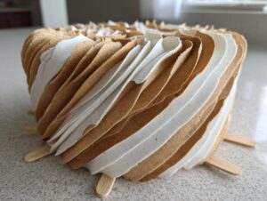 Close-up of a layered, brown and white paper craft resembling a cinnamon roll cake topper, supported by small wooden sticks.