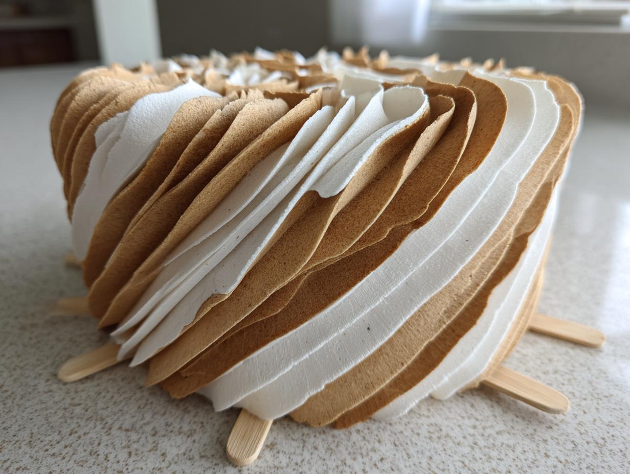 Close-up of a layered, brown and white paper craft resembling a cinnamon roll cake topper, supported by small wooden sticks.