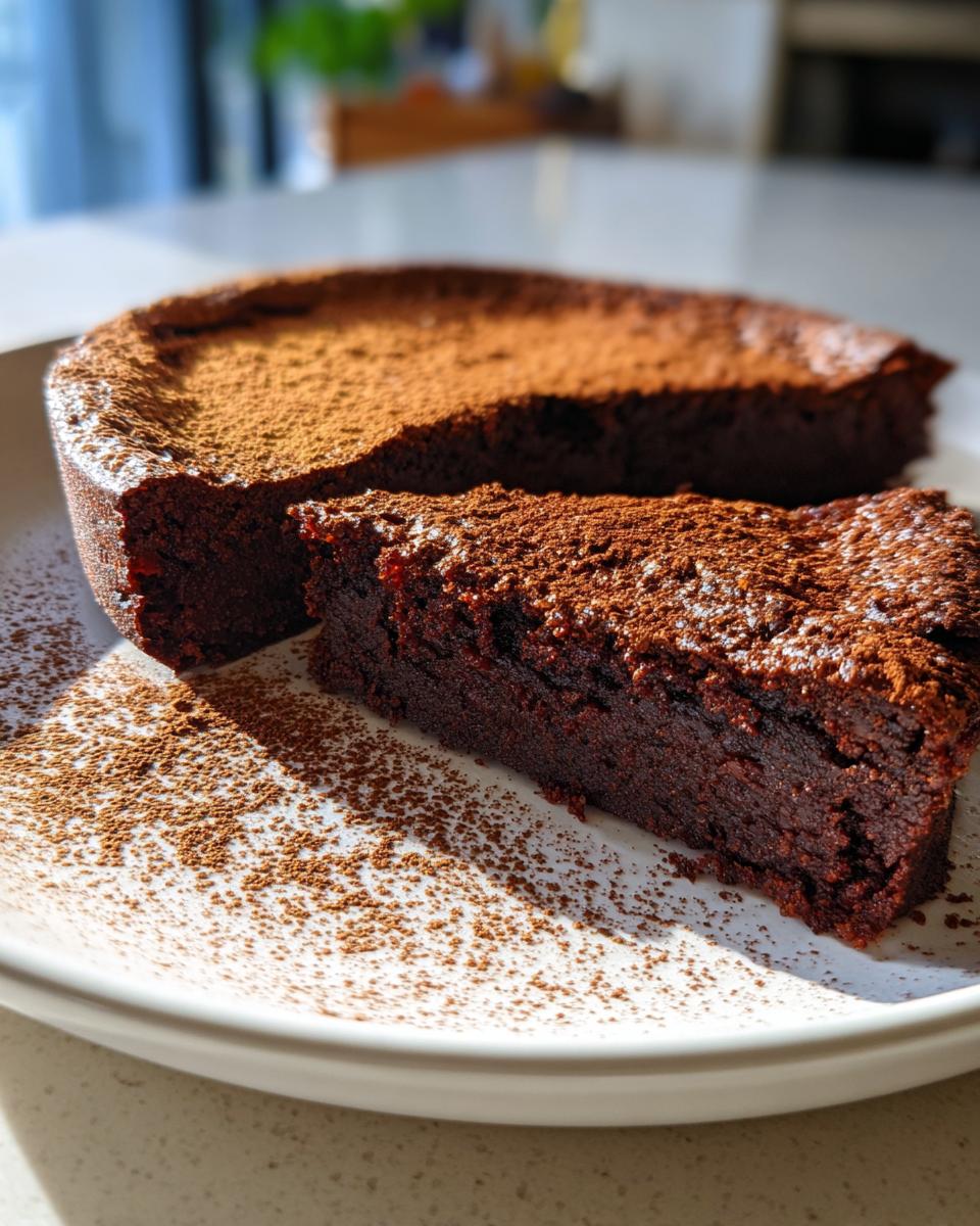 A slice of rich, dark flourless chocolate cake dusted heavily with cocoa powder on a white plate.