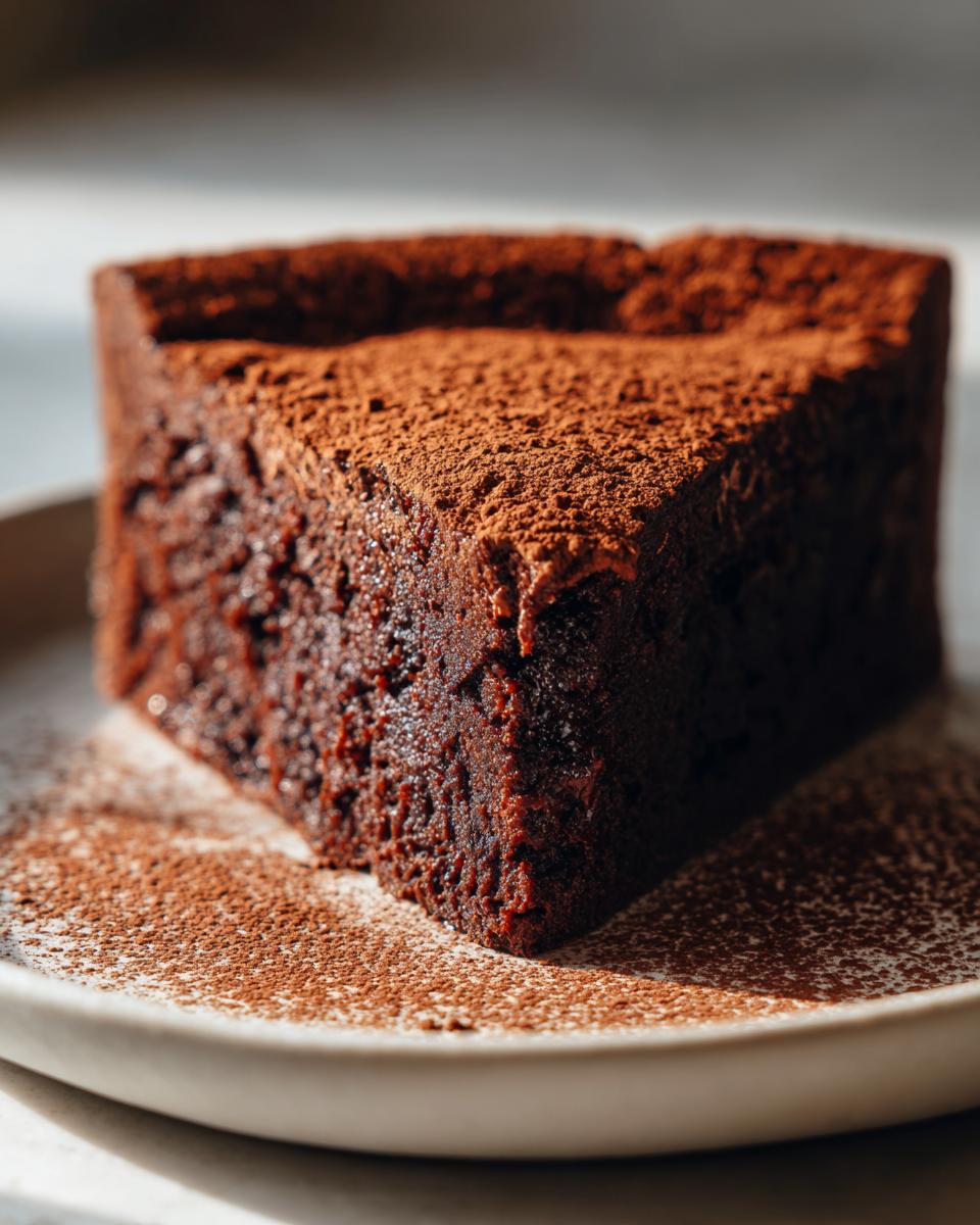 A close-up of a dense, dark slice of flourless chocolate cake dusted heavily with cocoa powder.
