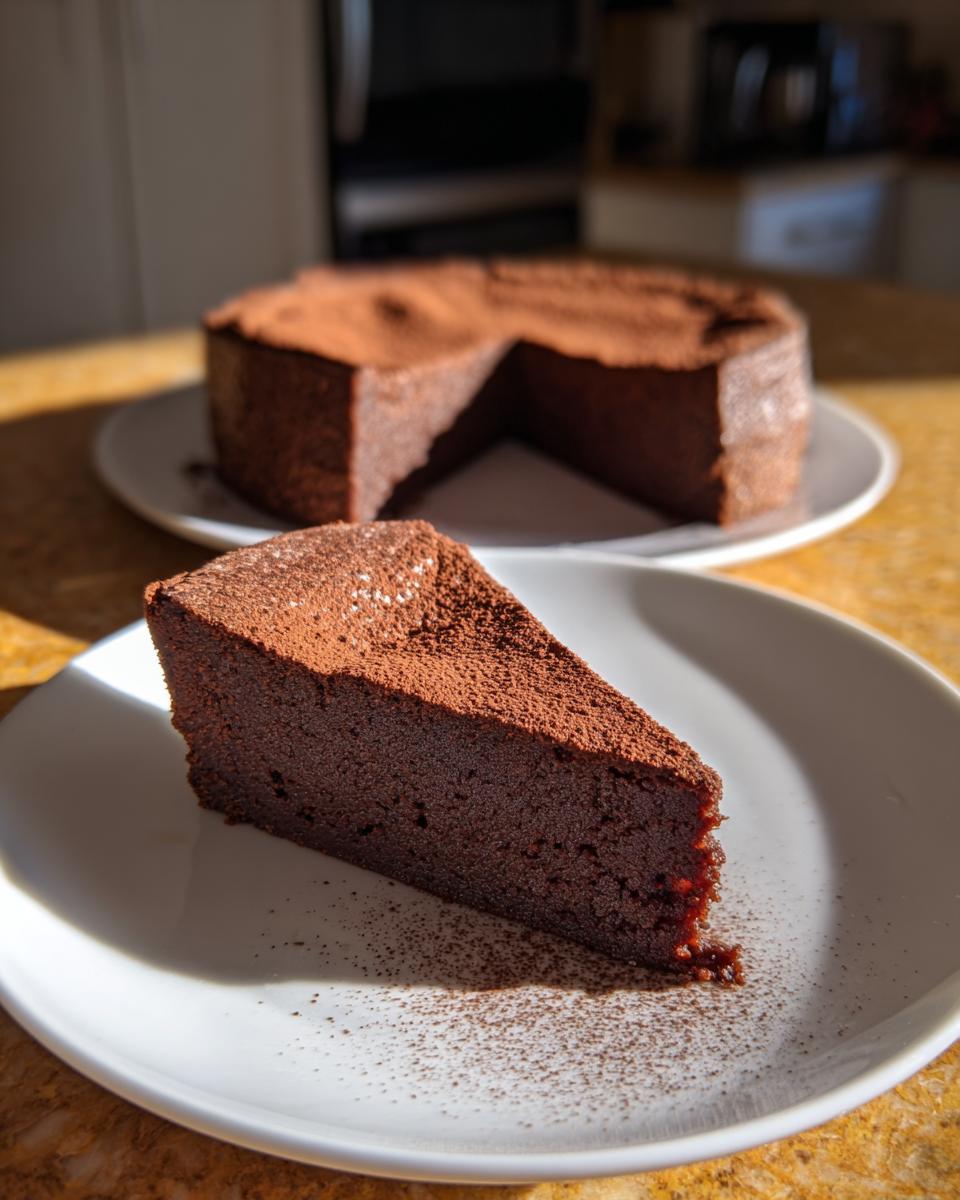 A rich slice of flourless chocolate cake dusted with cocoa powder, served on a white plate.