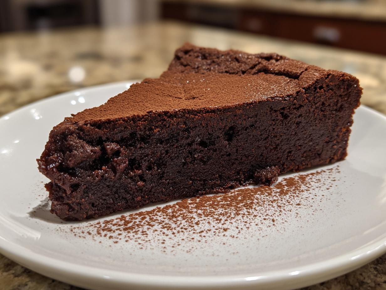 A decadent slice of flourless chocolate cake dusted lightly with cocoa powder on a white plate.