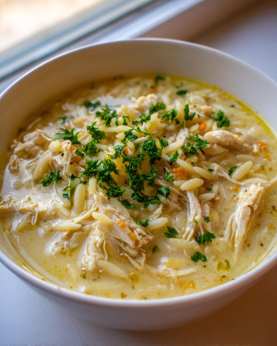 A close-up view of a creamy bowl of greek lemon chicken orzo soup, garnished with fresh parsley.