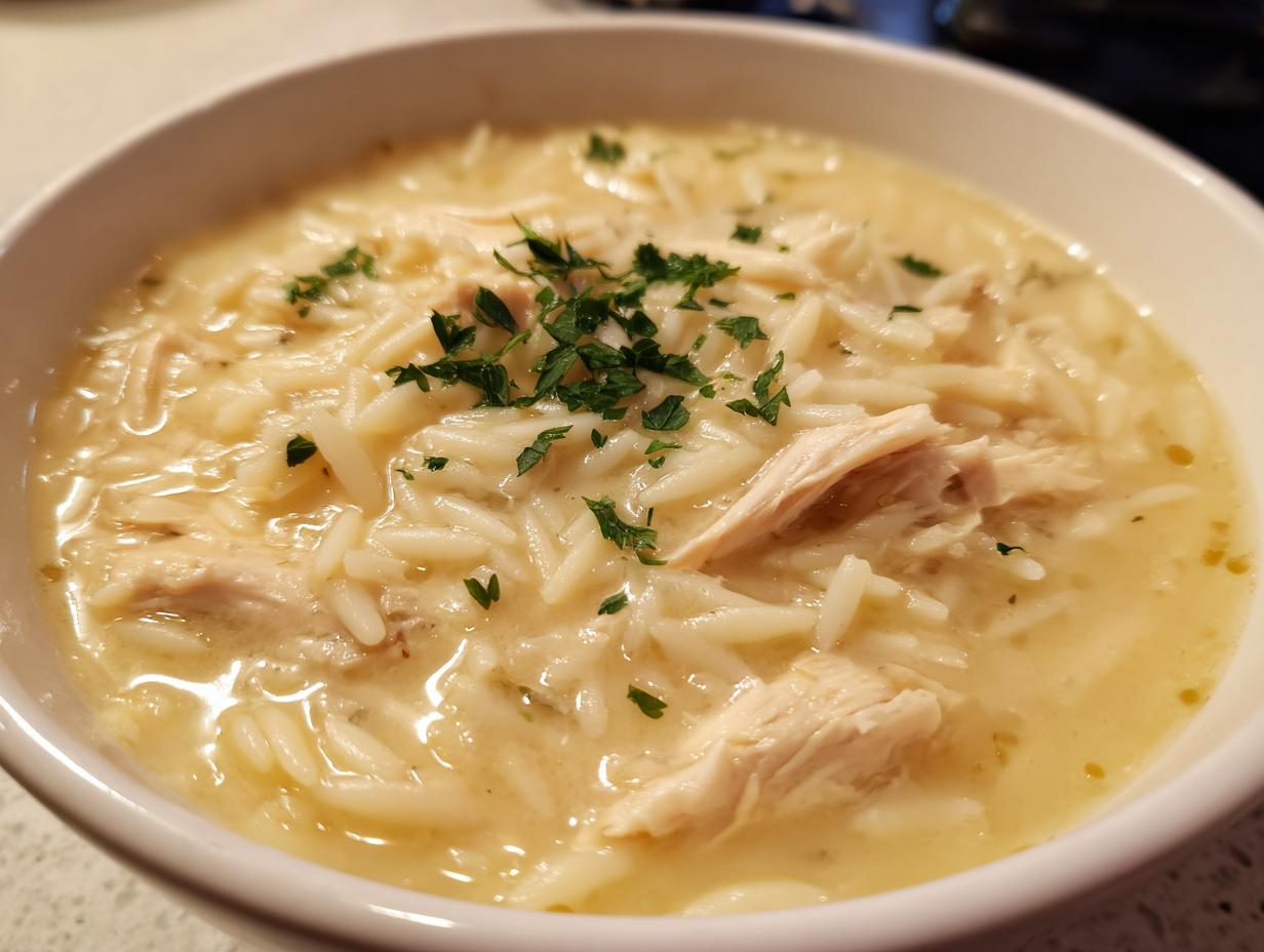 Close-up of a creamy bowl of greek lemon chicken orzo soup, garnished with fresh parsley.