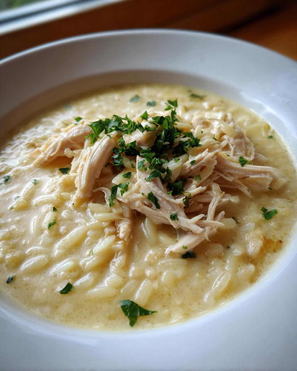 A close-up bowl of creamy greek lemon chicken orzo soup topped with shredded chicken and fresh parsley.