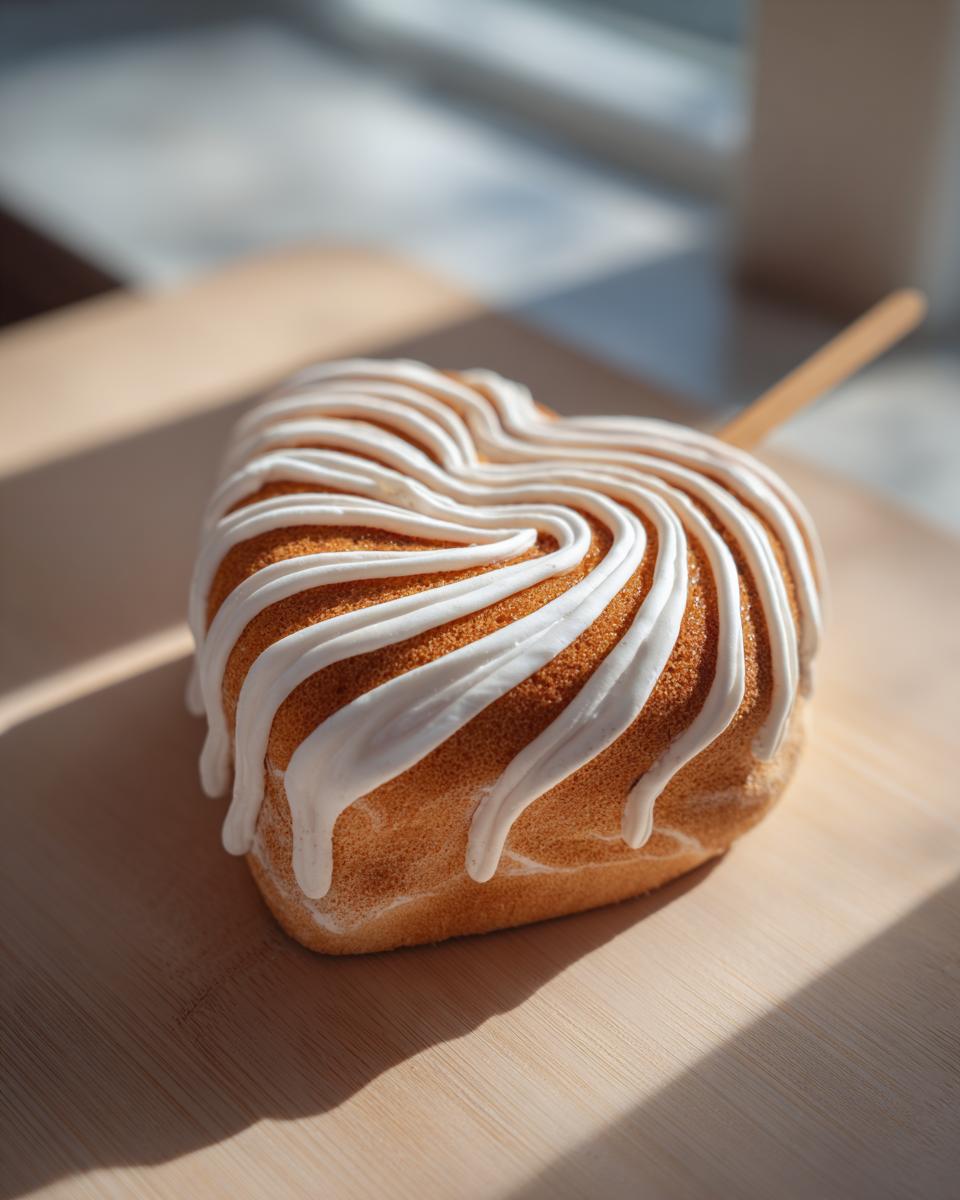 A heart-shaped cake or pastry decorated with white icing swirls, resembling a cinnamon roll cake topper.