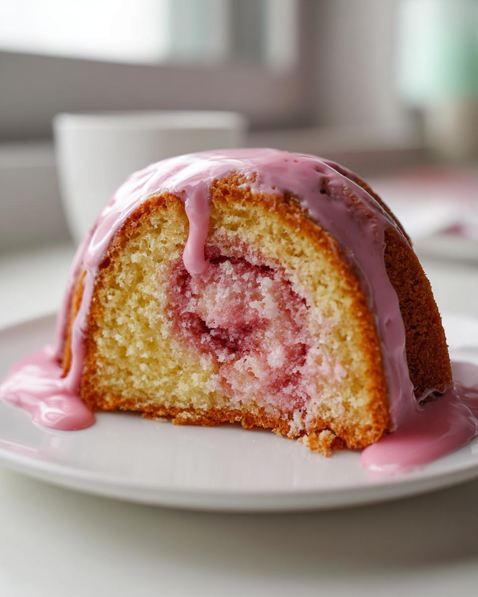 Close-up of a slice of cake, likely a hello kitty cinnamon roll cake, featuring a pink swirl center and dripping pink glaze.
