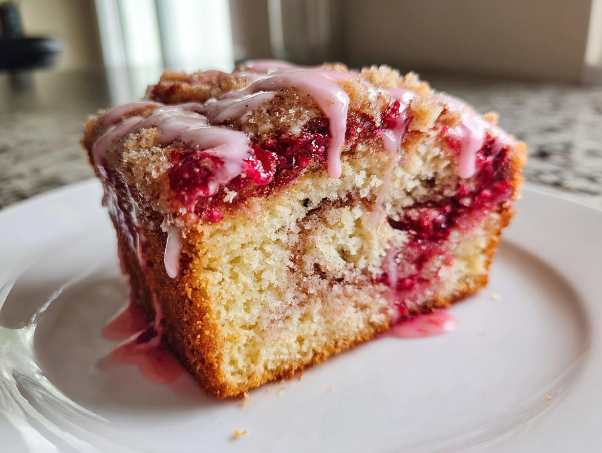 Close-up of a slice of hello kitty cinnamon roll cake featuring raspberry filling and pink icing drizzle.