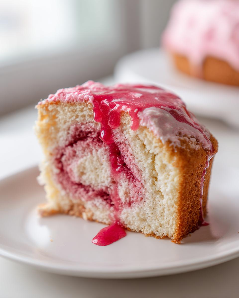 Close-up of a slice of hello kitty cinnamon roll cake showing a pink swirl inside and bright pink glaze dripping down.
