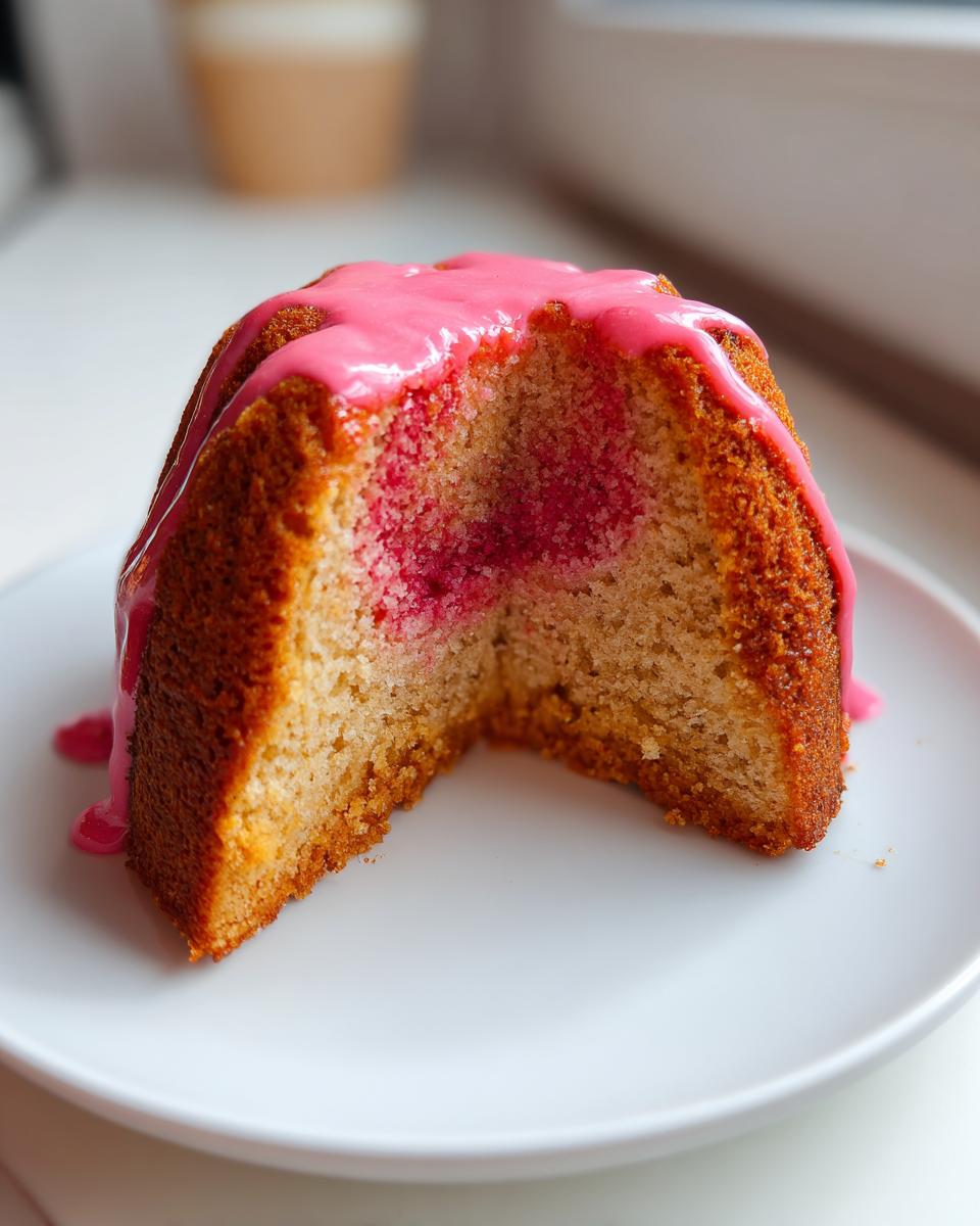 A slice of golden brown cake with a bright pink swirl center and thick pink glaze, resembling a hello kitty cinnamon roll cake.