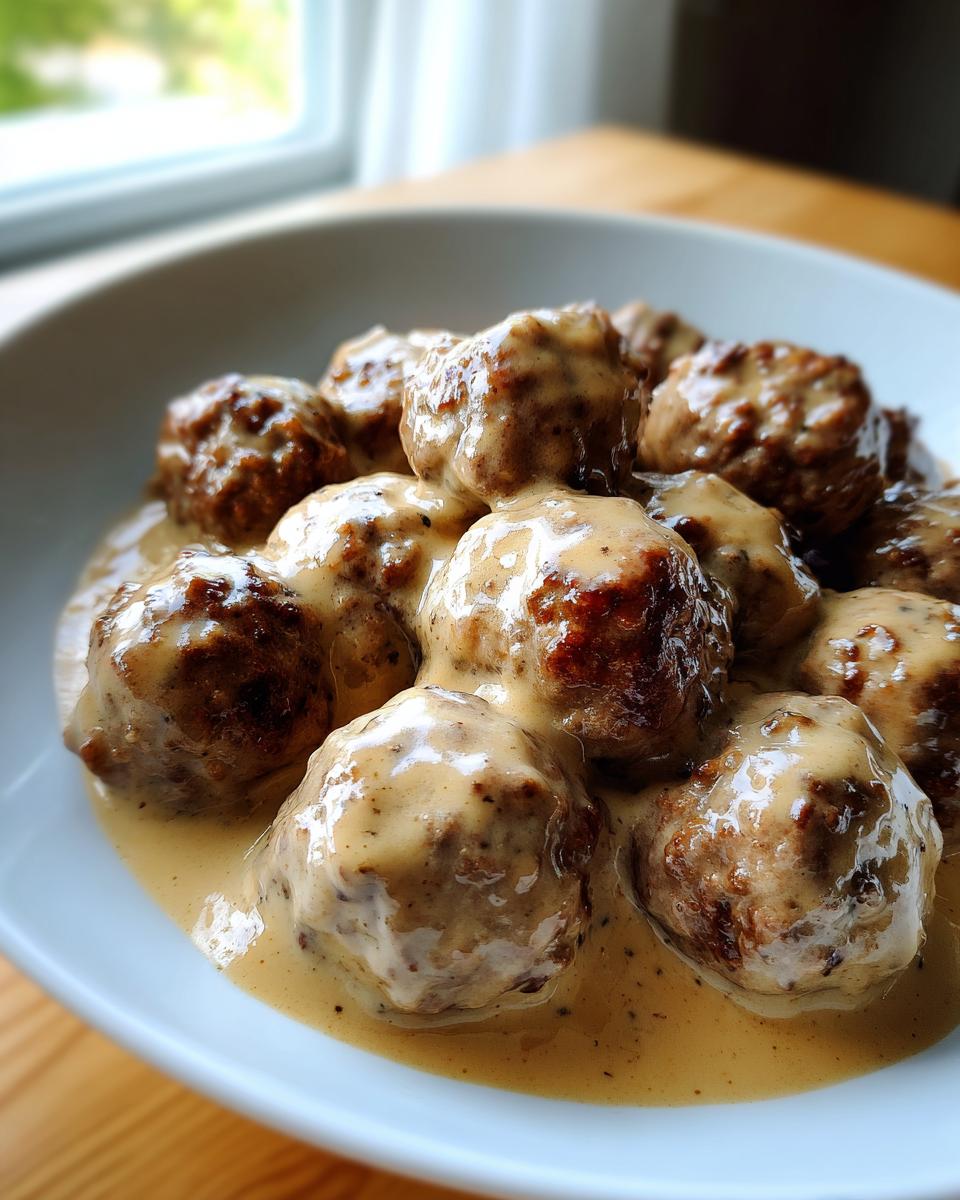 Close-up of several juicy swedish meatballs smothered in a creamy brown gravy in a white bowl.