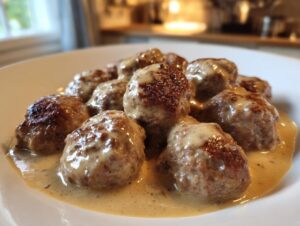 Close-up of several juicy swedish meatballs smothered in a creamy brown gravy on a white plate.