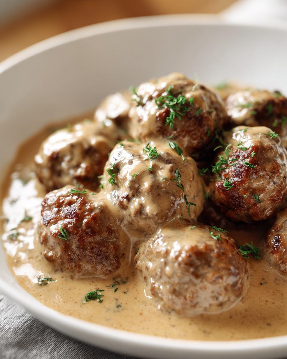 Close-up of juicy swedish meatballs smothered in a rich, creamy brown sauce and garnished with fresh parsley.