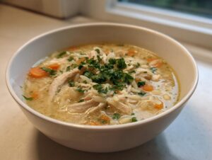 A close-up of a white bowl filled with creamy lemon chicken orzo soup, topped with shredded chicken, carrots, and fresh parsley.