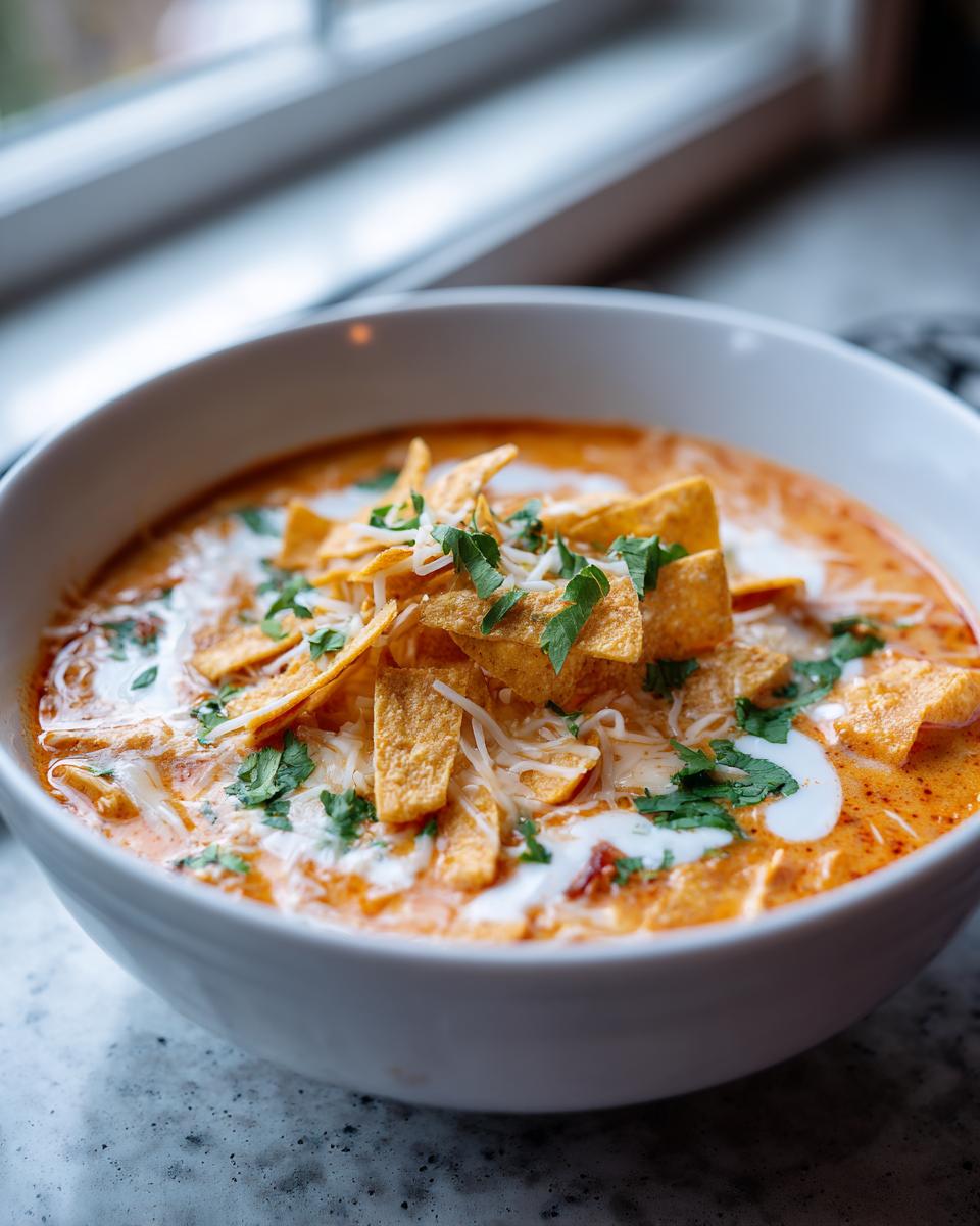 Close-up of a creamy bowl of Max and Erma's Chicken Tortilla Soup topped with tortilla strips and cilantro.