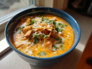 A vibrant bowl of creamy Max and Erma's Chicken Tortilla Soup topped with cheese, tortilla strips, and cilantro.