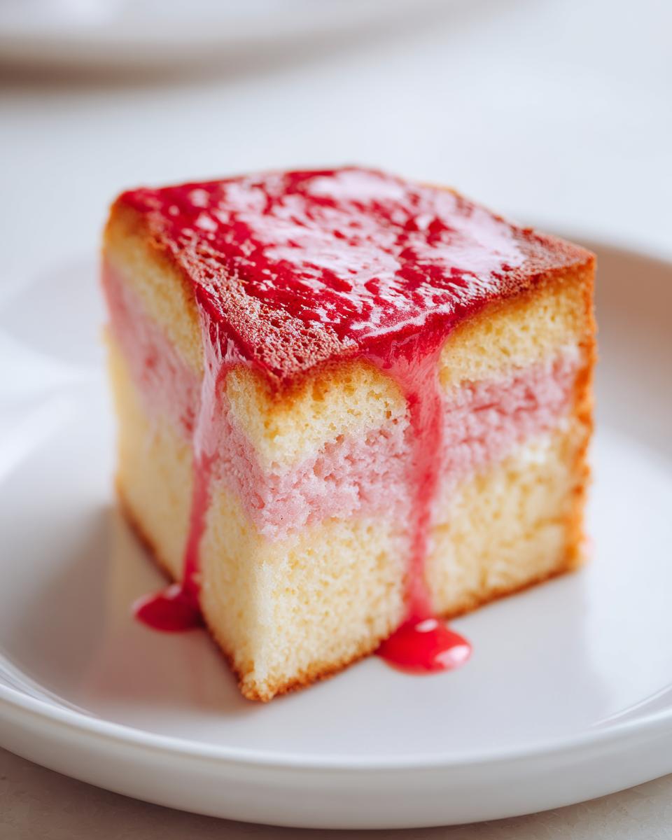 Close-up of a square slice of yellow cake with pink filling and bright red glaze dripping down the sides, reminiscent of a hello kitty cinnamon roll cake.