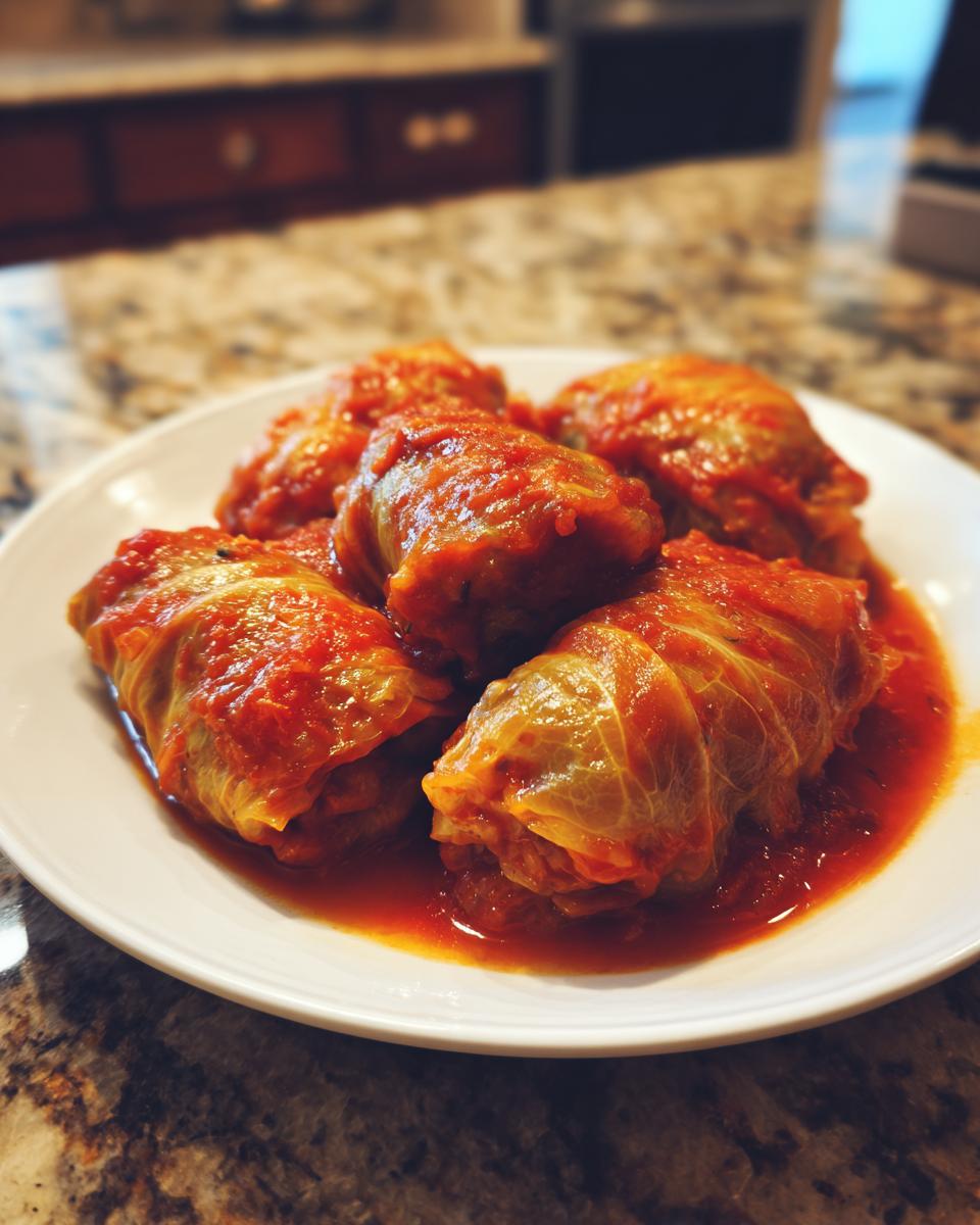 A white plate holding five savory polish stuffed cabbage rolls covered in bright red tomato sauce.